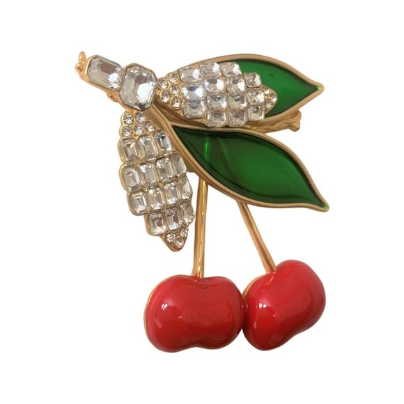 Stunning Enamel Red Cherries, Green Glass & Crystal Rhinestones Pin Brooch - Picture 3 of 7
